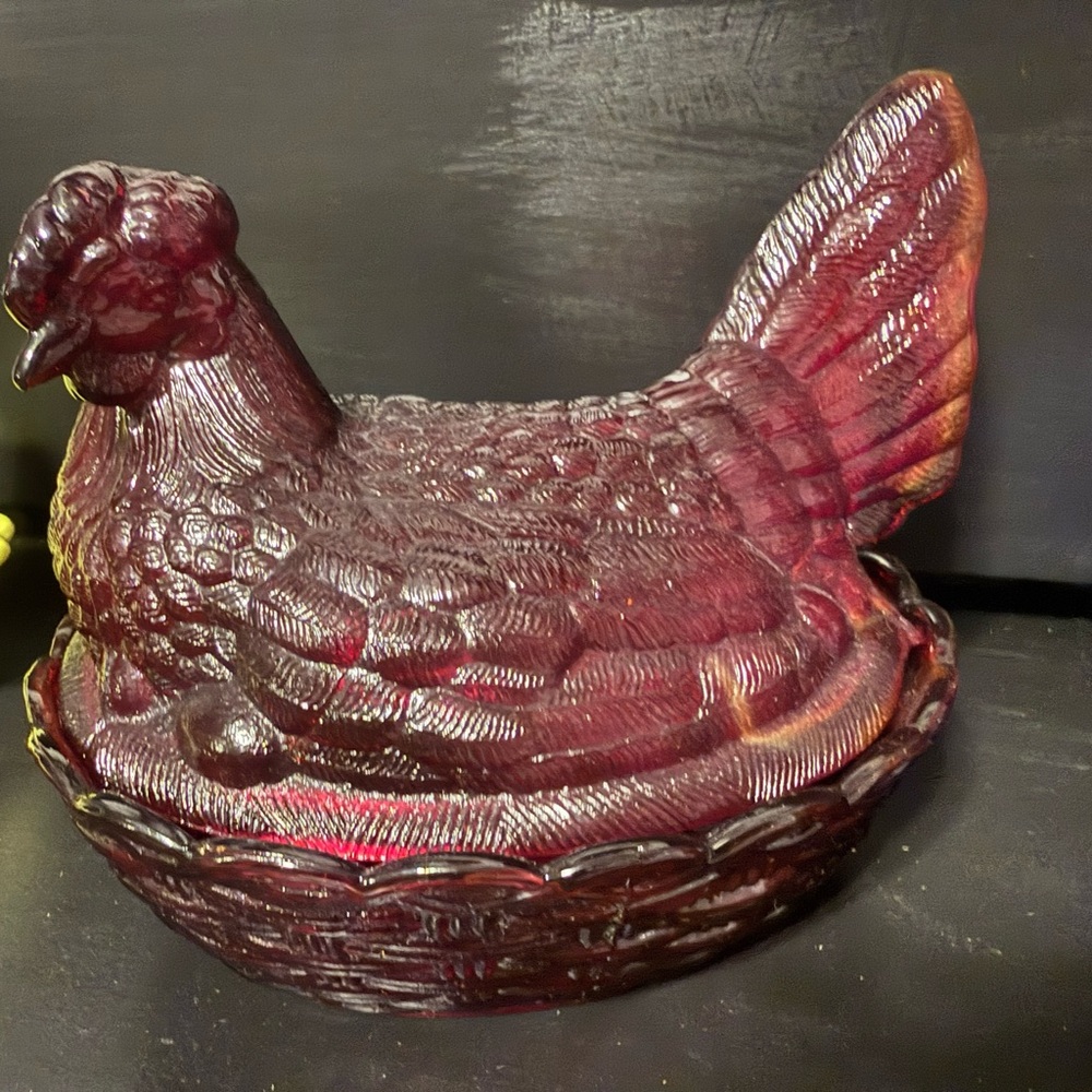 Asian Dark Red Glass Hen on Nest  10”